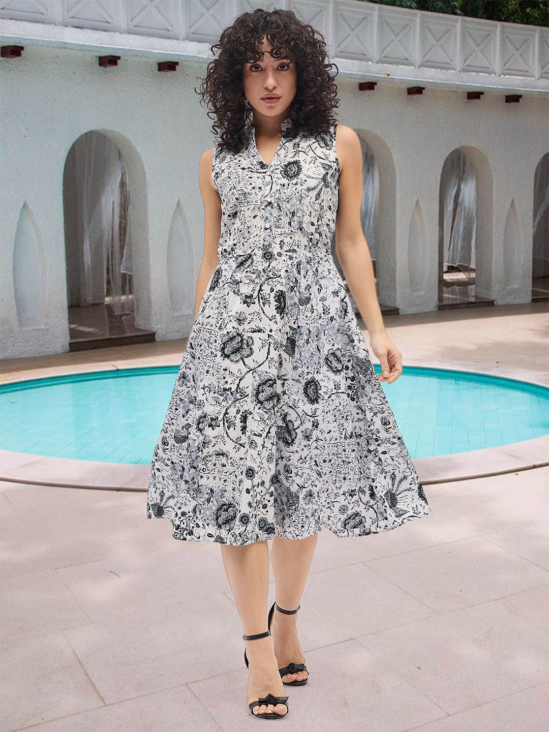 Deewa Floral Print Crepe A-Line Midi Dress