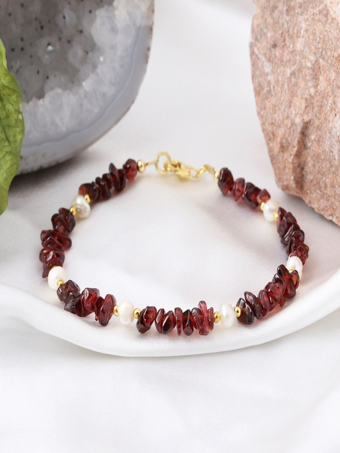 Nirvana Unisex Sterling Silver Gold-Plated Garnet and Pearls Beaded Wraparound Bracelet