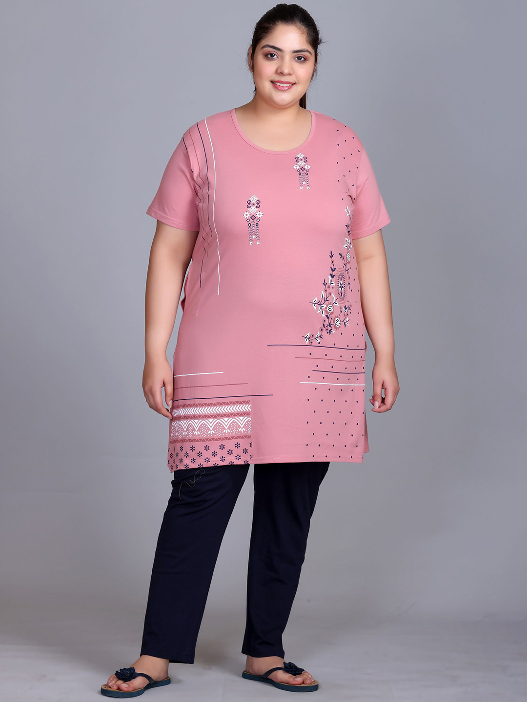 IN Love Women Plus Size Cotton EEthnic Motifs Print T-Shirt With Pyjama Night Suit