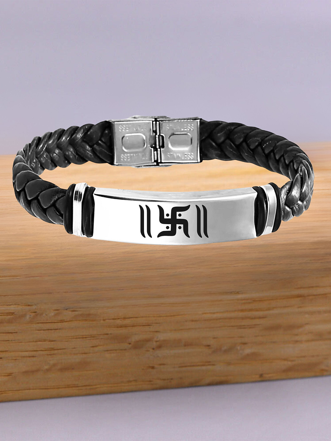 M Men Style Men Silver-Plated Swastik Leather Weave Cuff Bracelet