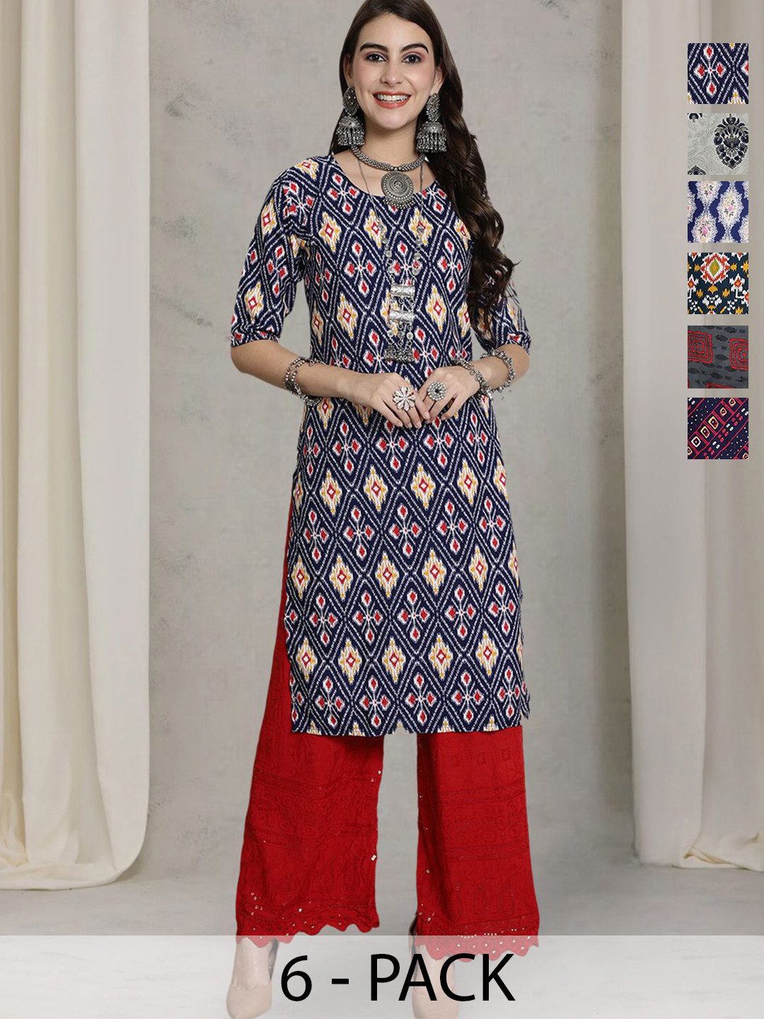 7Threads Women Ethnic Motifs Printed Straight Knee Length Kurtas Thread Work pack of 6