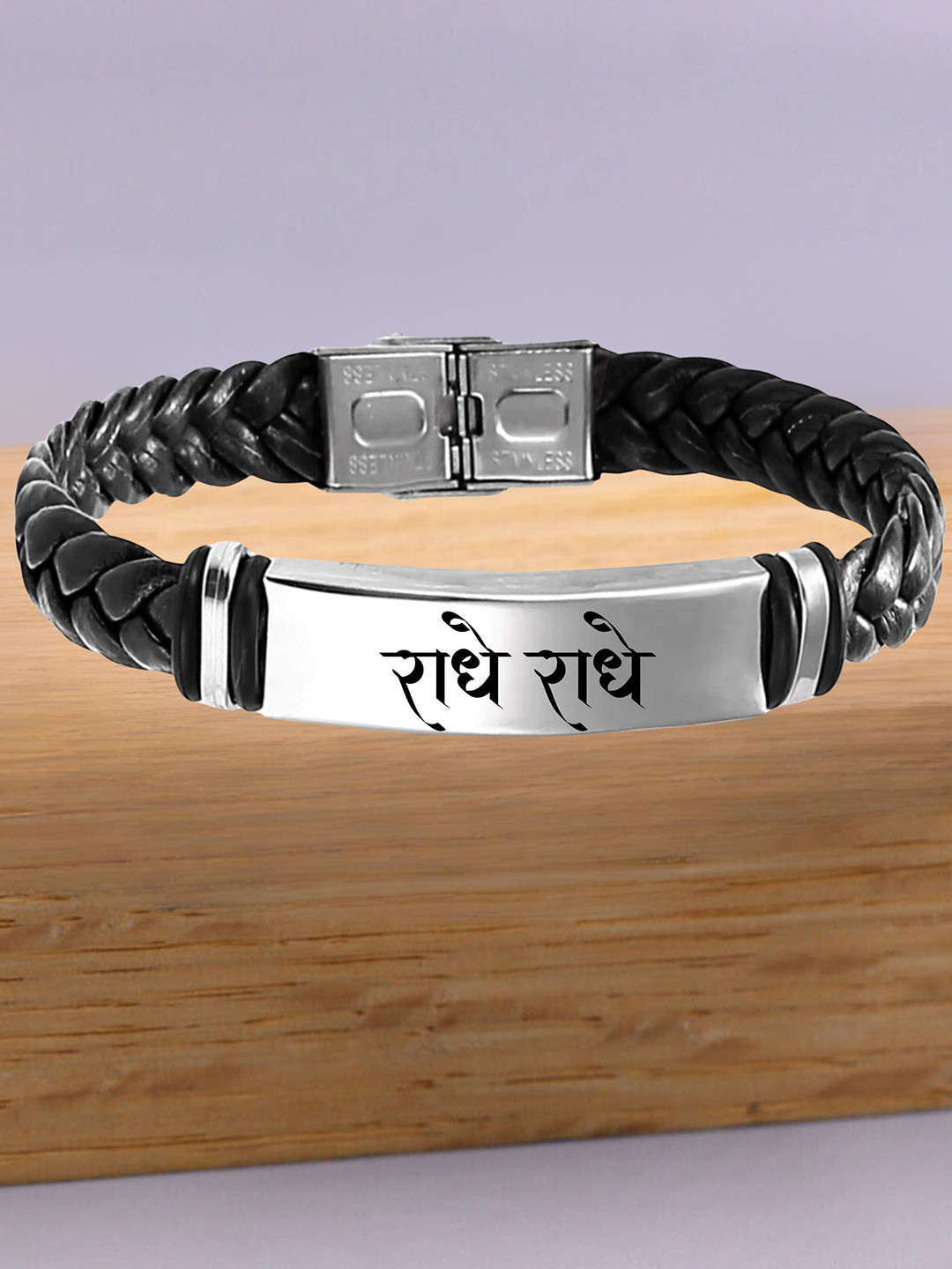 M Men Style Silver-Plated Stainless Steel Shri Krishna Braided Leather Wraparound Bracelet