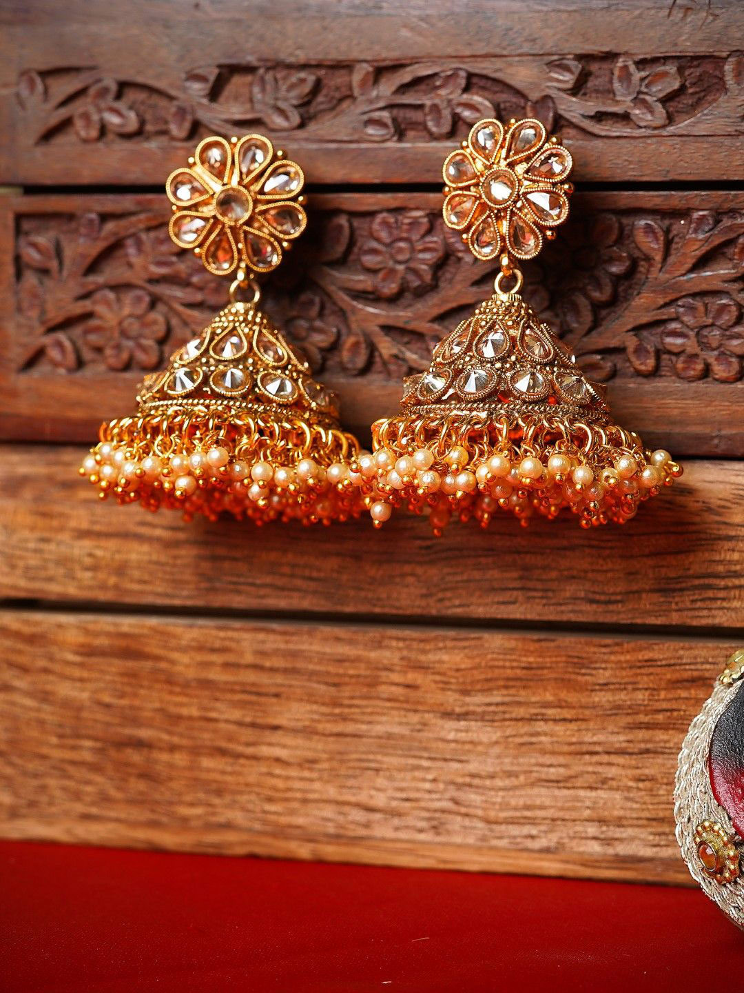 FASHION EMPIRE Elegant Polki Jhumka Earrings Antique Gold Finish for Weddings & Parties