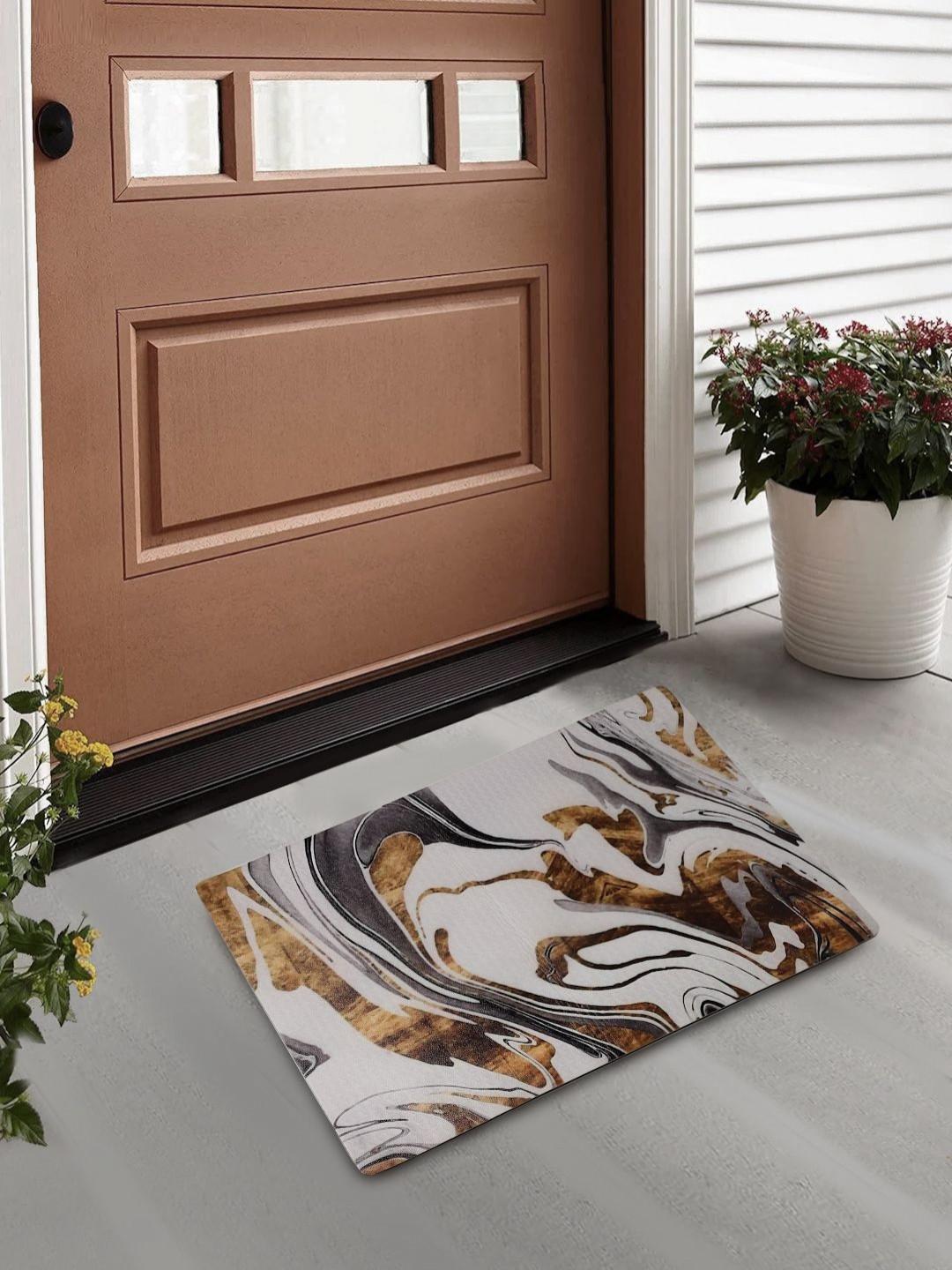 Myntra Elegant Homes White & Grey Abstract Printed Anti-Skid Doormat