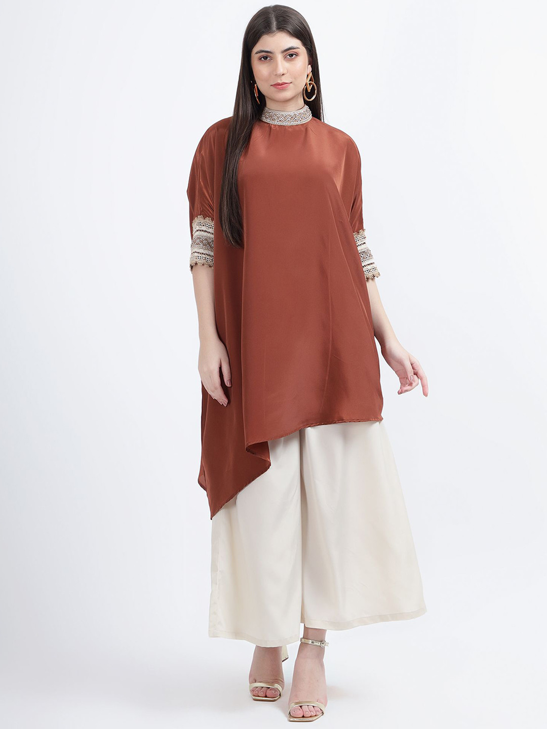 DRAPE AND DAZZLE Asymmetric Embellished Neck Tunic & Palazzos  Co-Ords