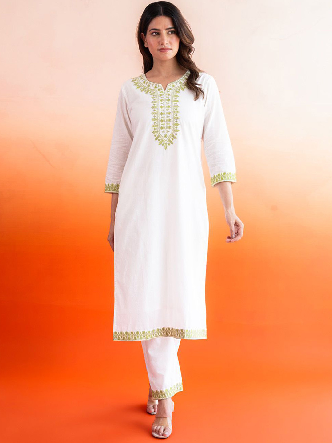 COTTONS DAILY Yoke Design Notch-Neck Pure Cotton kurta With Dupatta