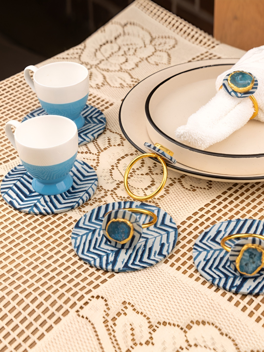 LOOMSARTE 8Pcs Blue & White Printed Napkin Rings With Coasters