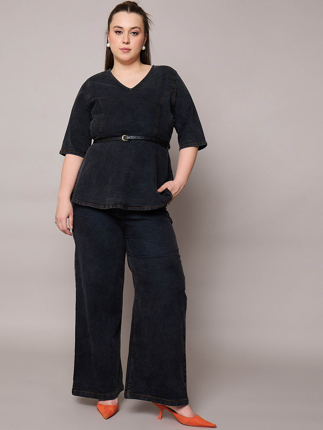 SASSAFRAS Curve Denim Peplum Top With Trousers Co-Ords