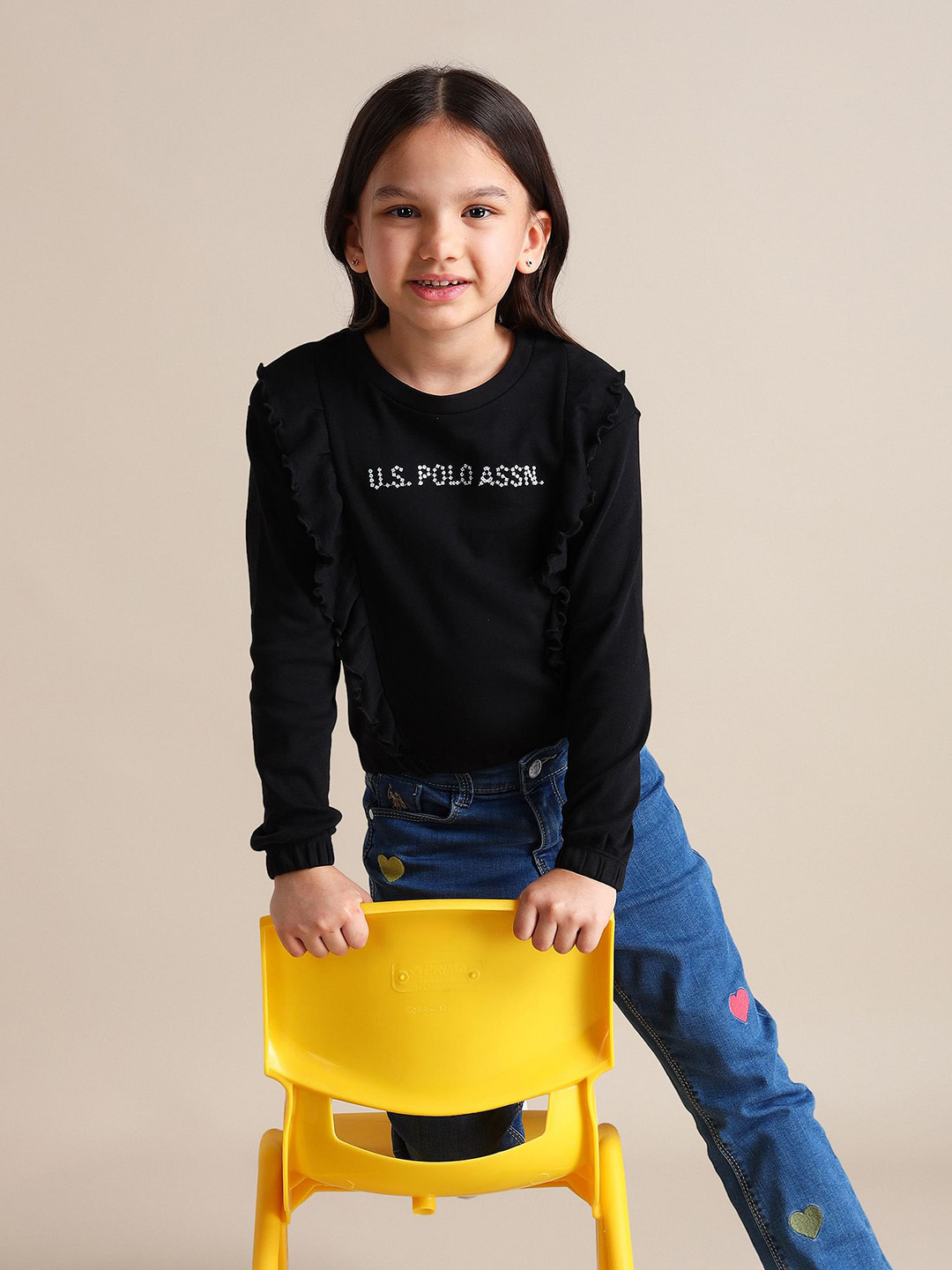 U.S. Polo Assn. Kids Brand Logo Embellished Ruffles Pure Cotton Top