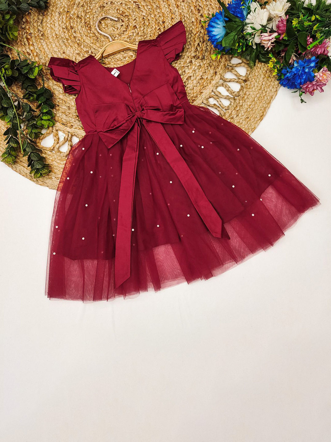 Tejam Satin Girls Embellished Cap Sleeves Fit & Flare Dress With Bow