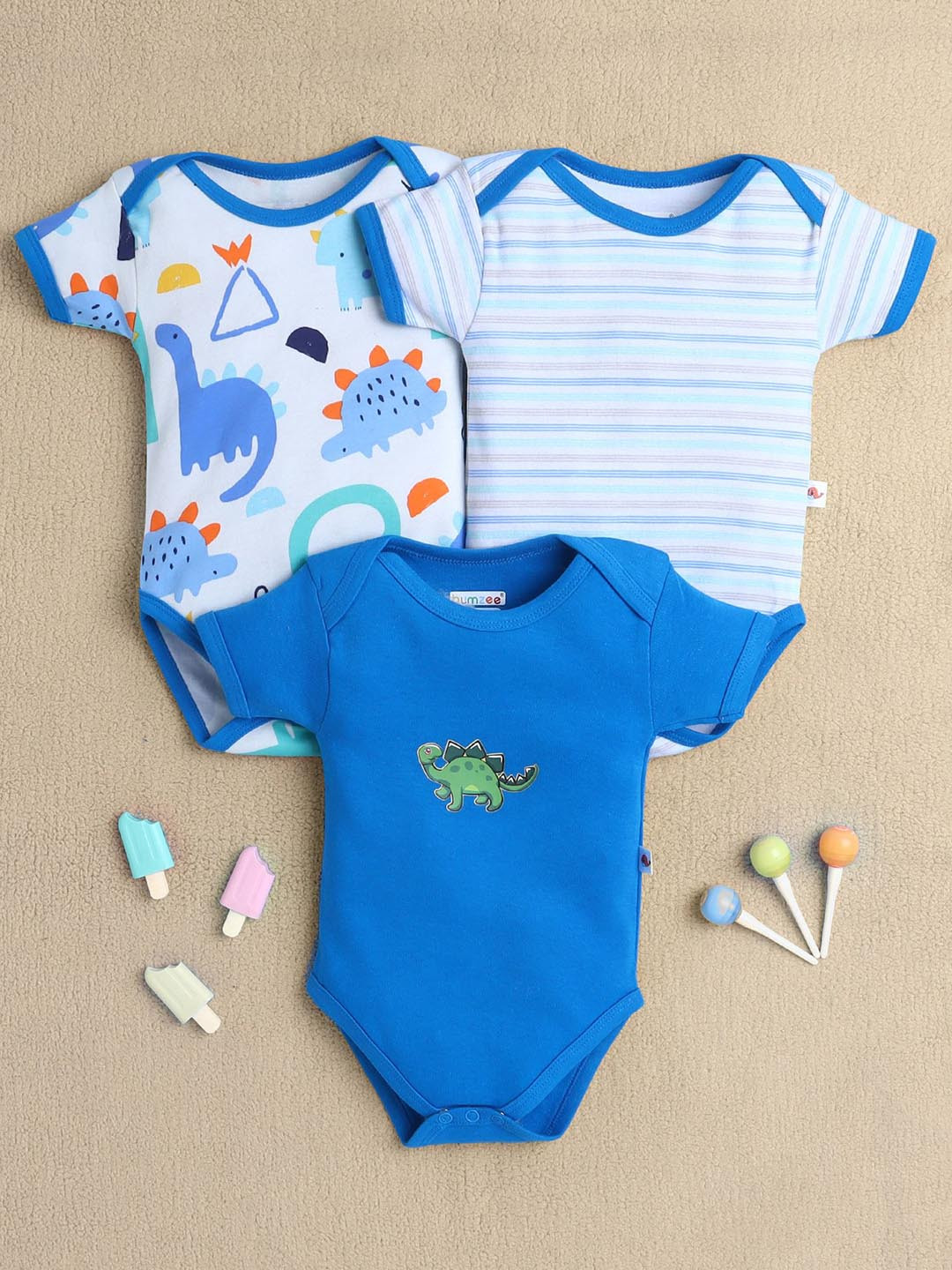 BUMZEE Infant boys Pack Of 3 Printed Cotton Bodysuits