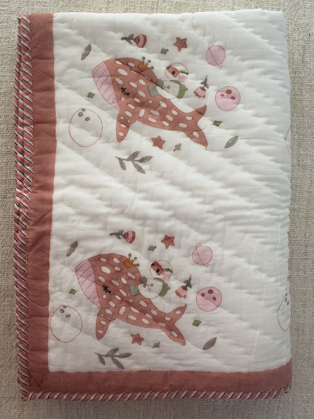 Weaves of Tradition White & Brown Cartoon Characters 210 GSM Cotton Single Bed Blanket