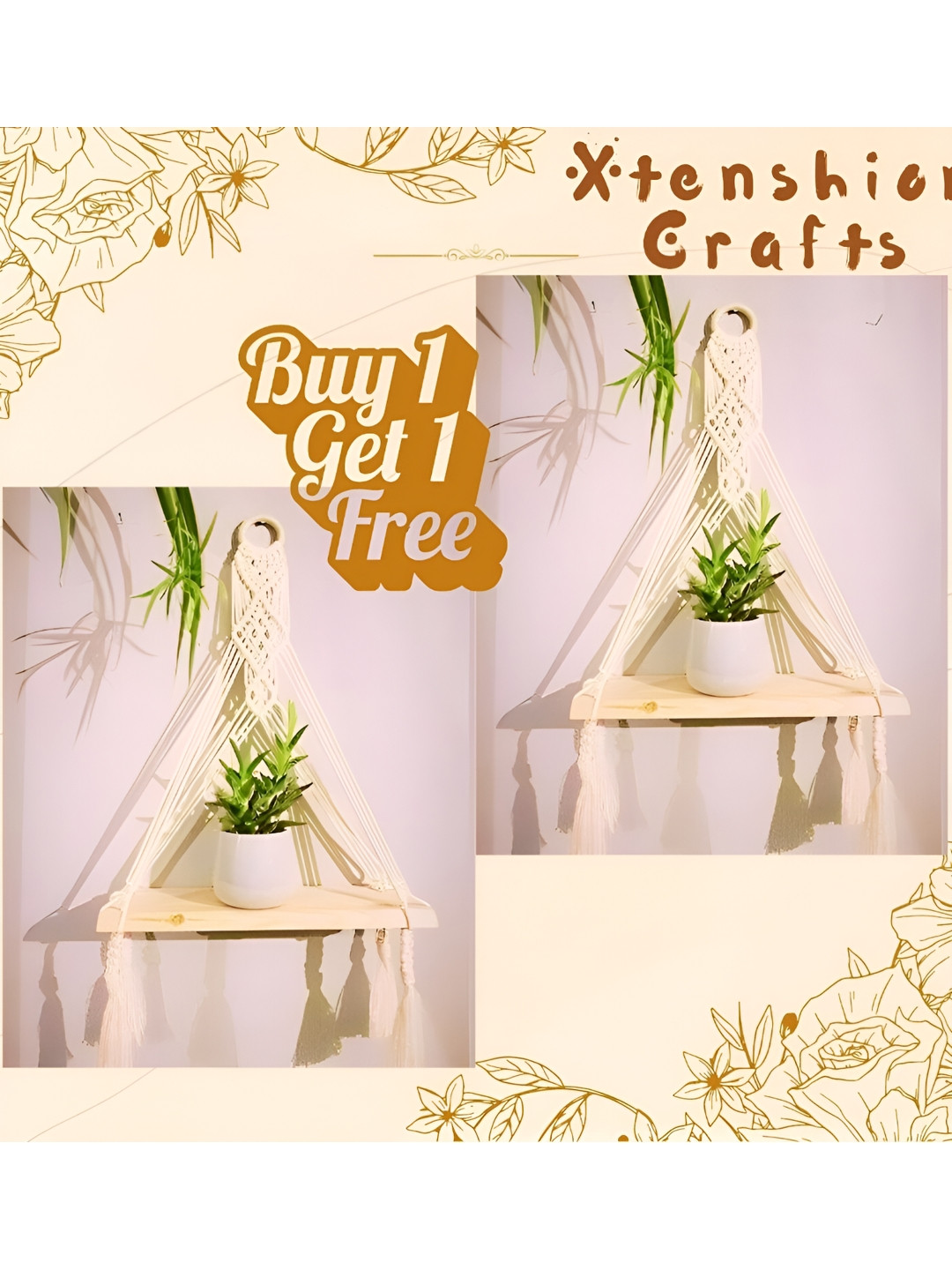Xtenshion Crafts Cream 2 Pieces Macrame Wooden Shelf