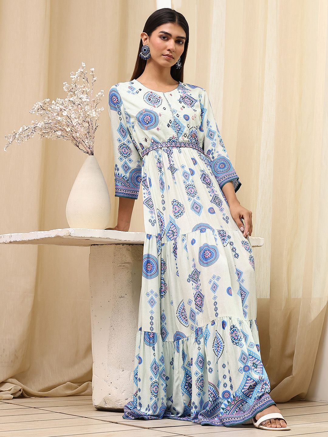 Biba Bohemian Print Belted Tiered Maxi Dress