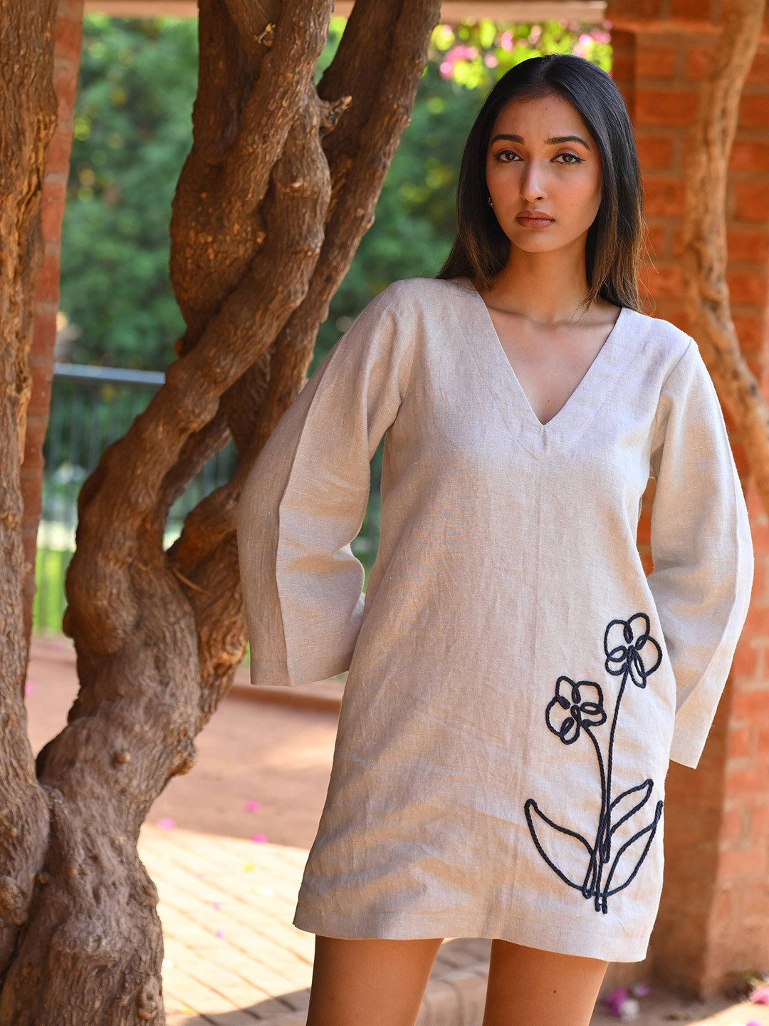House of Harakh Bell Sleeve Linen A-Line Dress