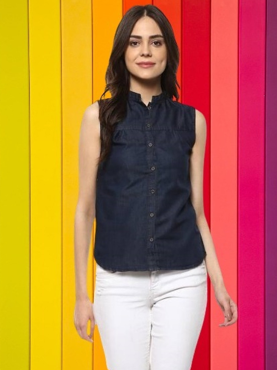 OOTPTAANG Women Solid Denim Sleeveless Shirt