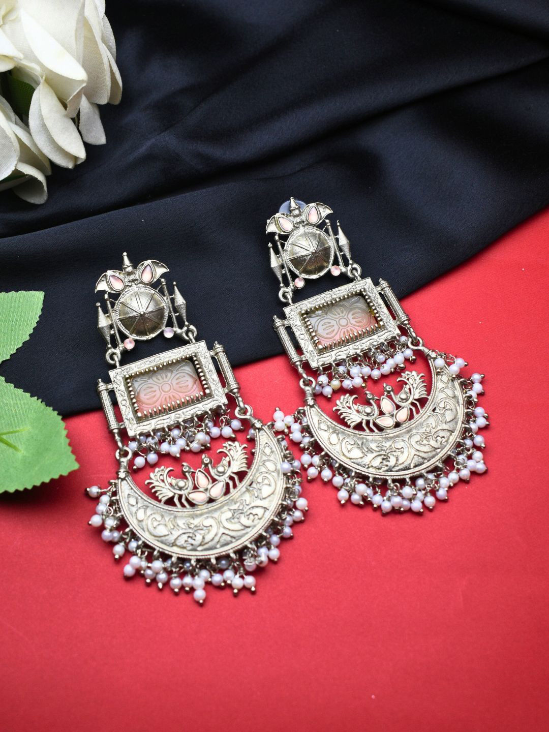J & C Fashion Arena Pearls Beaded Crescent Shaped Oxidised Chandbalis