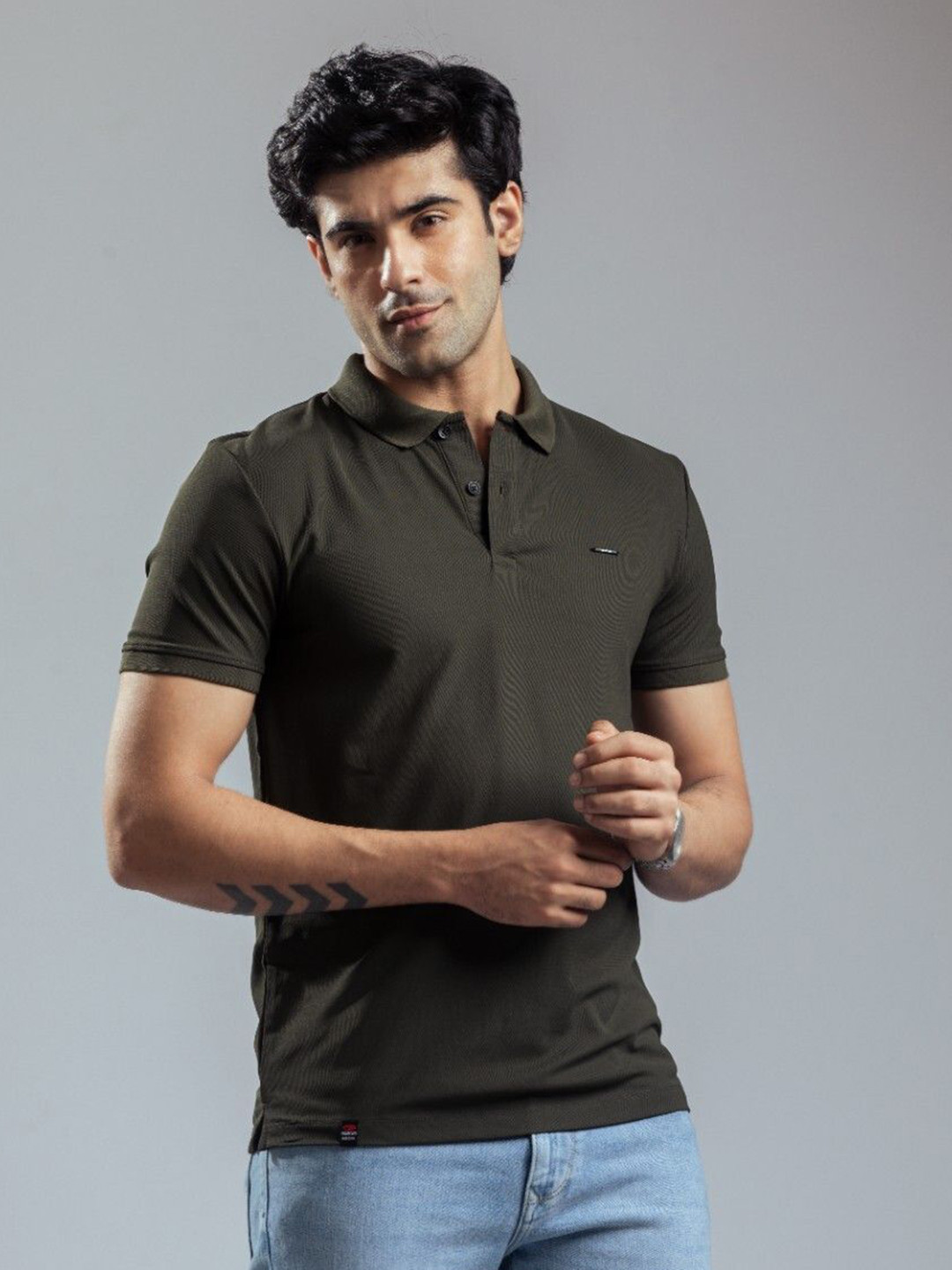 Nostrum Cherry Half Sleeve Olive Plain Polo T-shirt