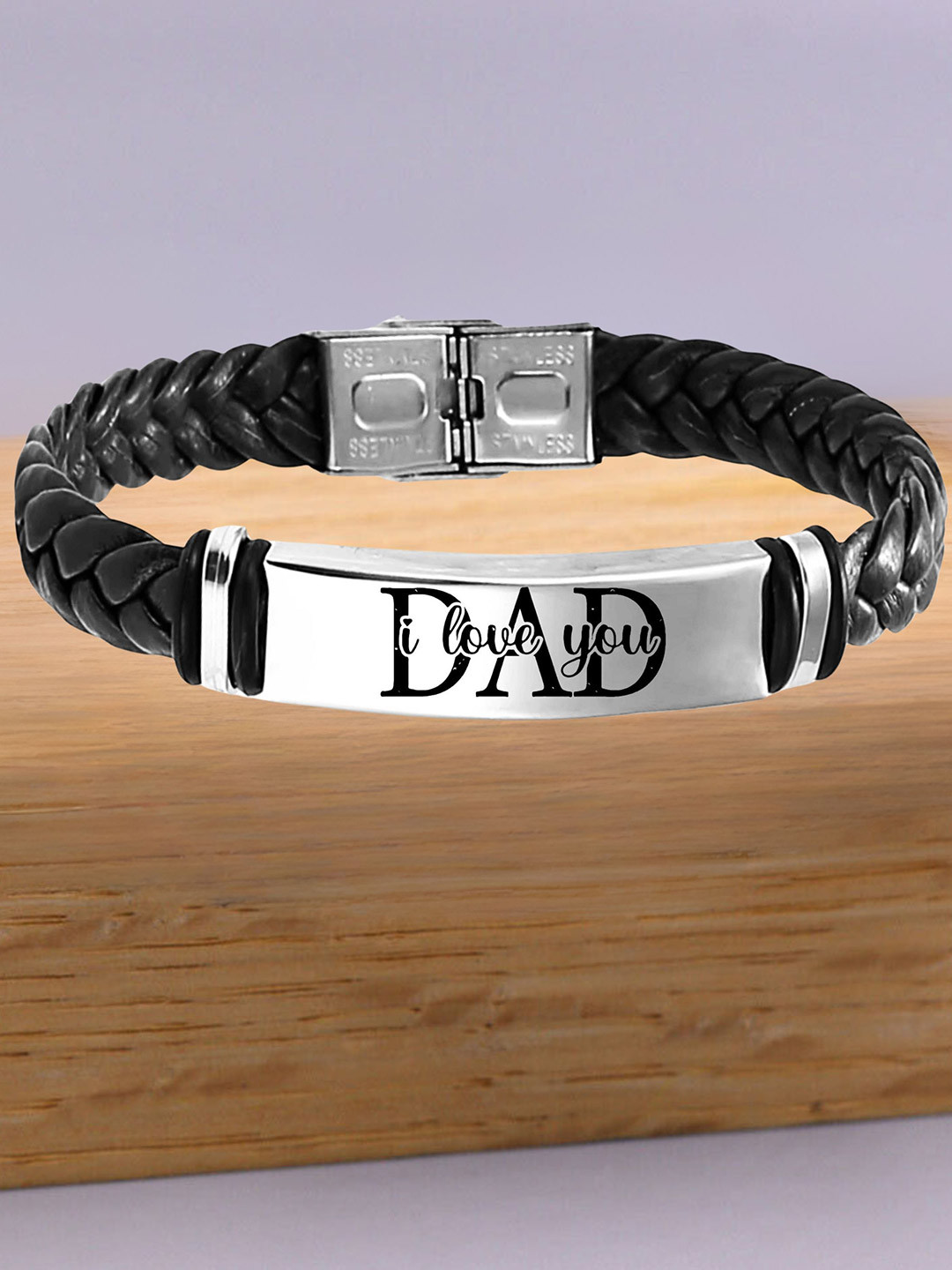 M Men Style Silver-Plated Stainless Steel Love You Dad Leather Wraparound Bracelet