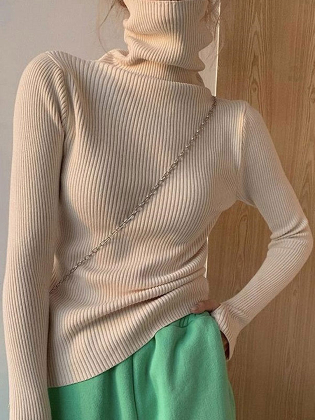 Outzidr Beige Ribbed High Neck Long Sleeve Top