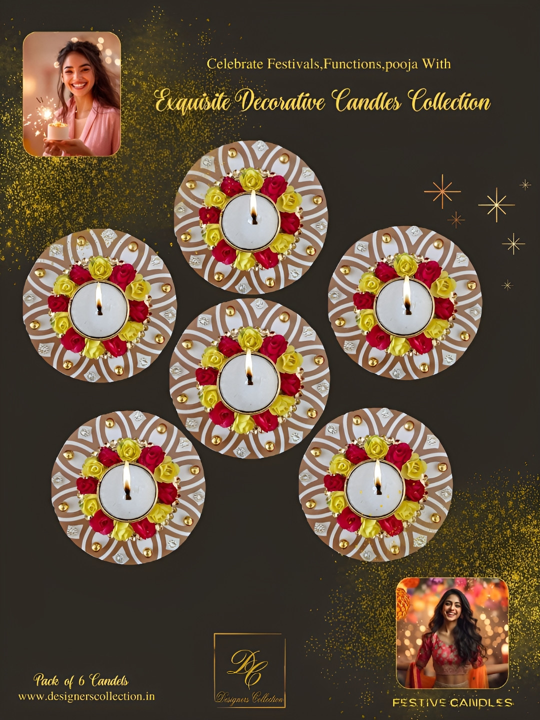 Designers Collection Decorative 6Pcs Scented 1 Wick Solid Round Regular Diyas Candles