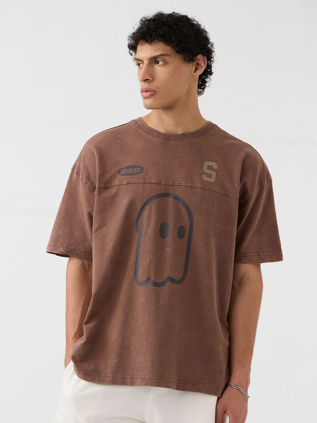 The Souled Store Men Oversized Fit Printed Brown T-Shirts