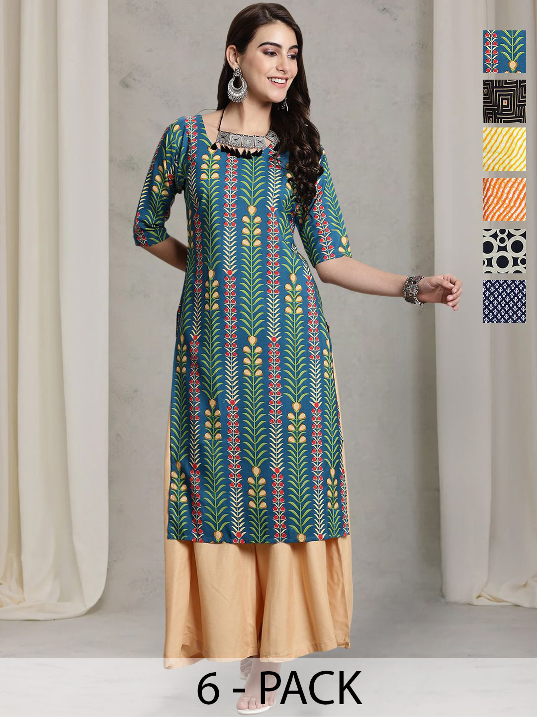 7Threads Women Ethnic Motifs Printed Regular Straight Calf Length Kurtas Sequins pack of 6