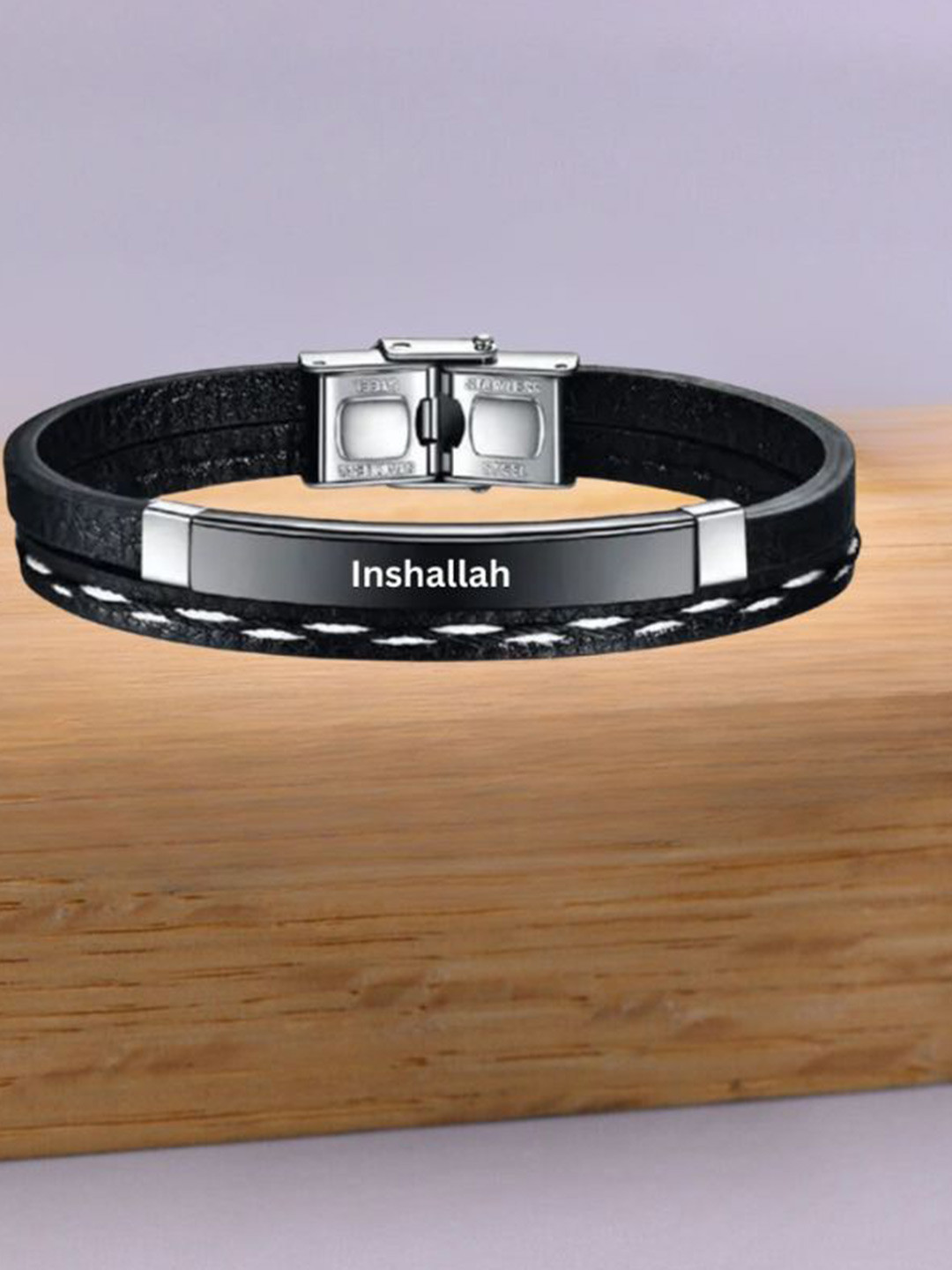M Men Style Men Silver-Plated Inshallah Leather Wraparound Bracelet