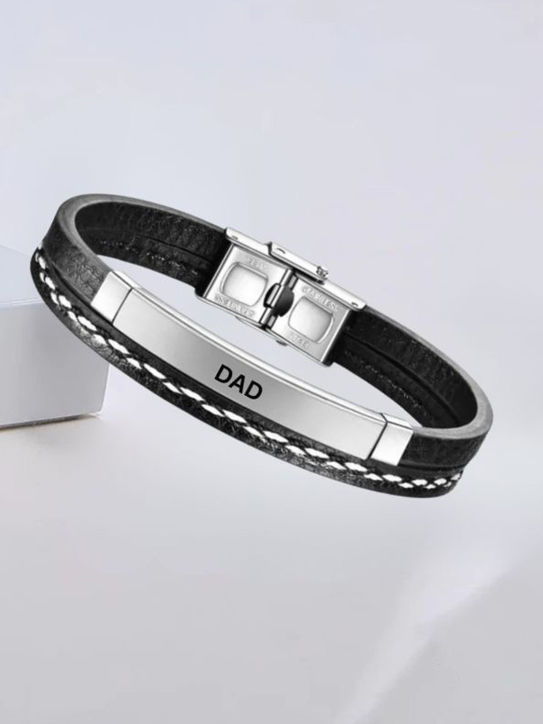 M Men Style Silver-Plated Stainless Steel I love Dad Leather Wraparound Bracelet