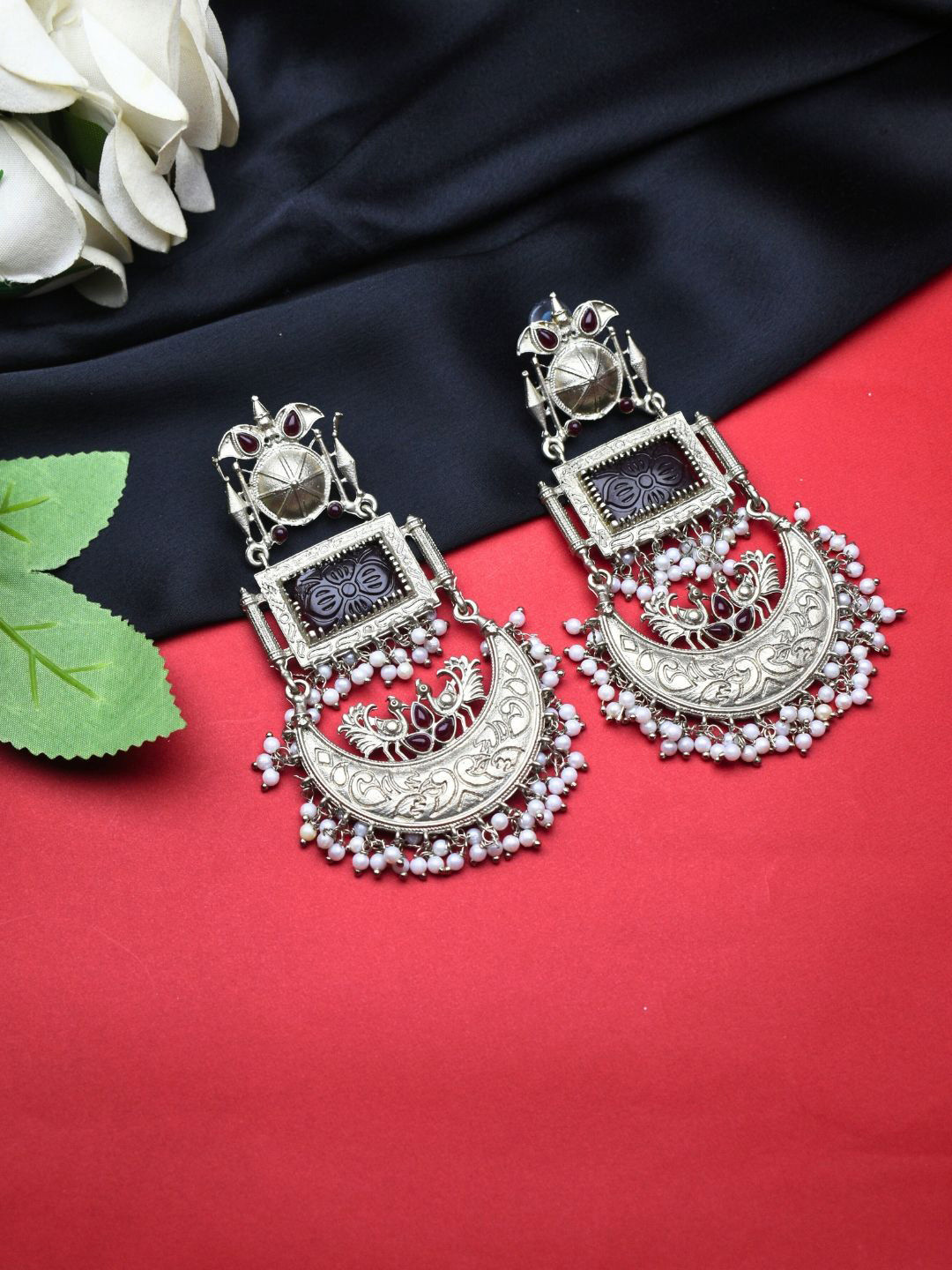 J & C Fashion Arena Pearls Beaded Crescent Shaped Oxidised Chandbalis