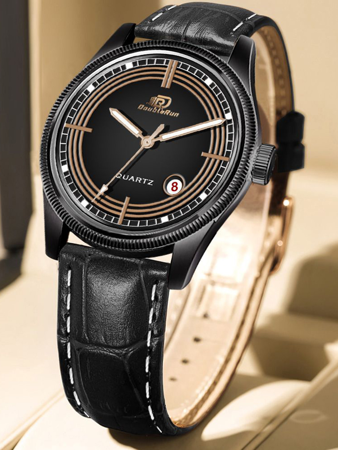 DOUBLERUN Men Dial & Leather Bracelet Style Straps Analogue Multi Function Watch H05N7010