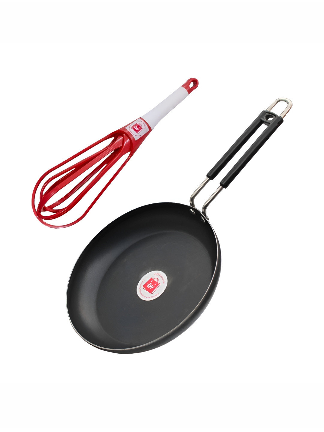 LAZYwindow Grey And Red 2 Pieces Nonstick Frying Pan With Hand Whisker