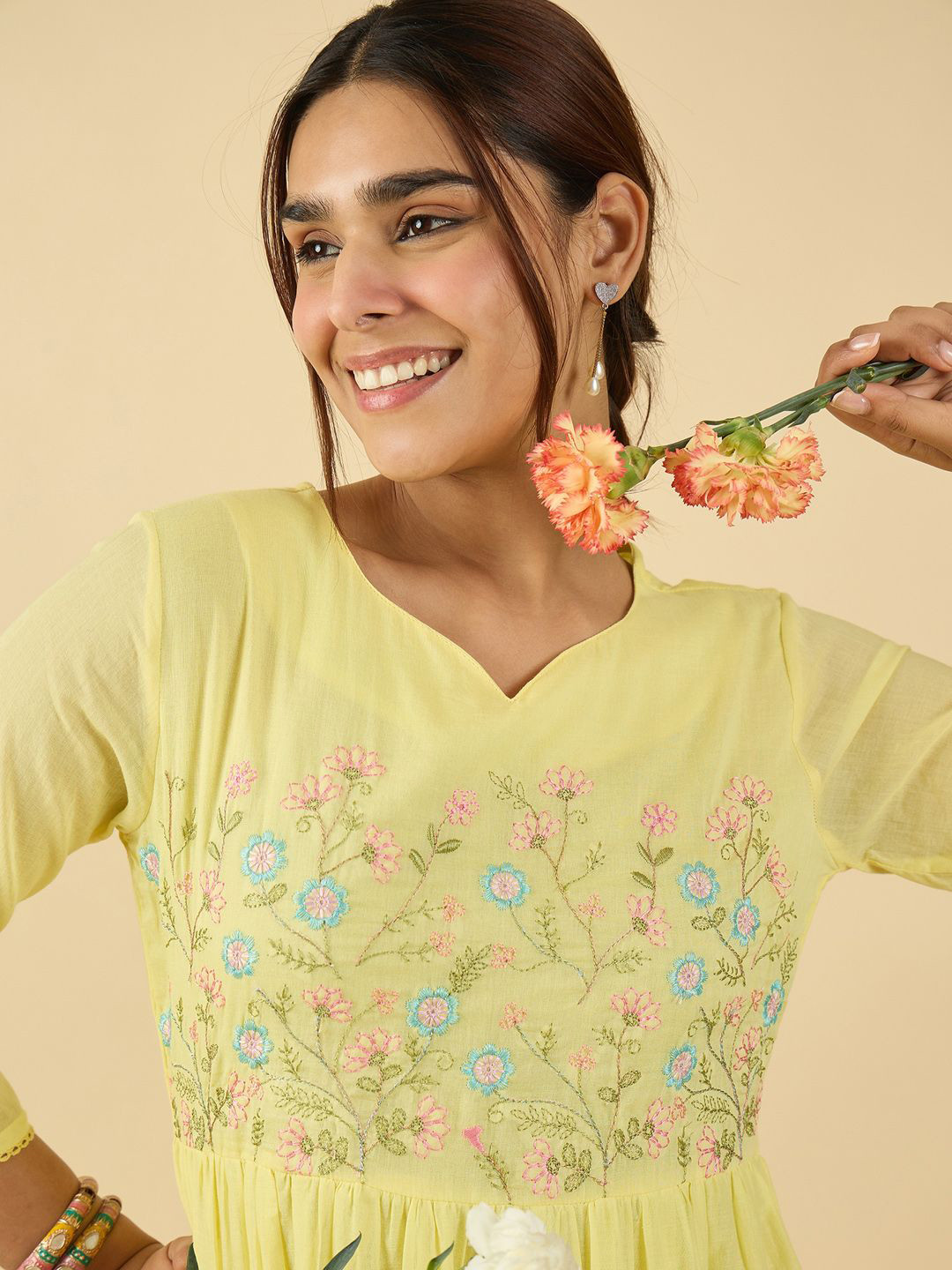 Indo Era Women Floral Embroidered Fusion Cotton Anarkali Kurtas
