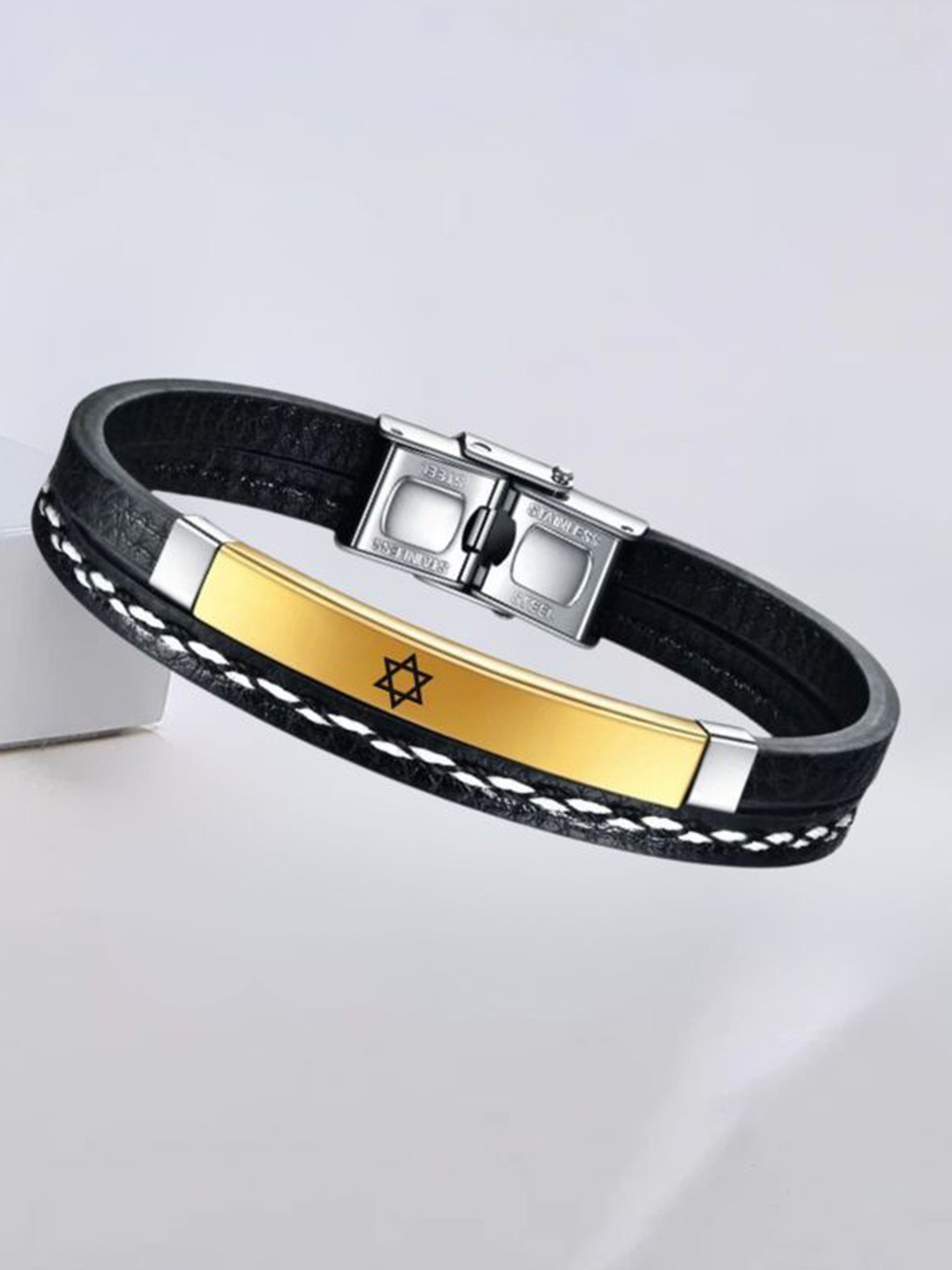 M Men Style Gold-Plated Stainless Steel Star of David Symbol Leather Wraparound Bracelet