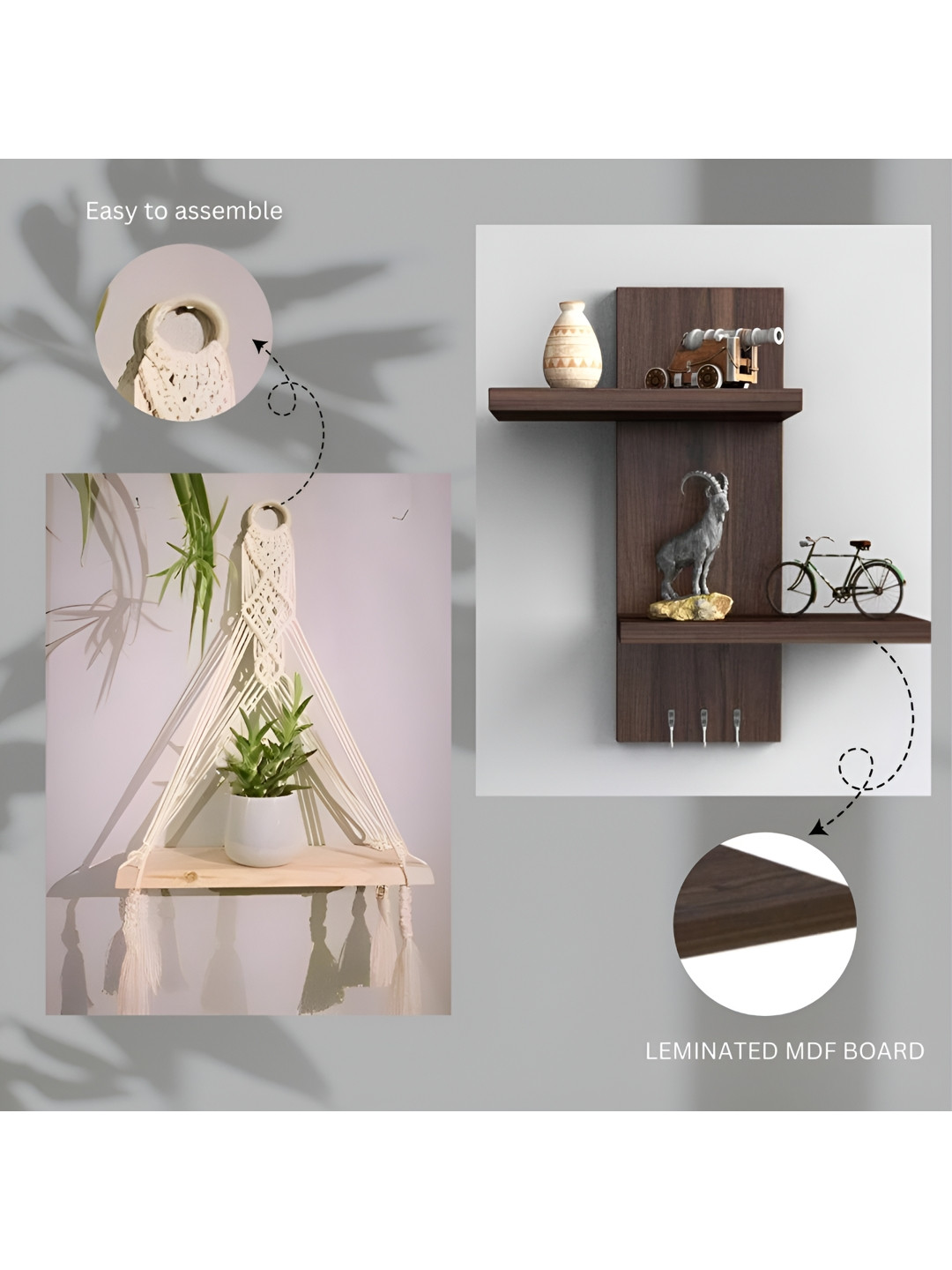 Xtenshion Crafts 2 Pieces Wooden Shelf and Macrame Shelf