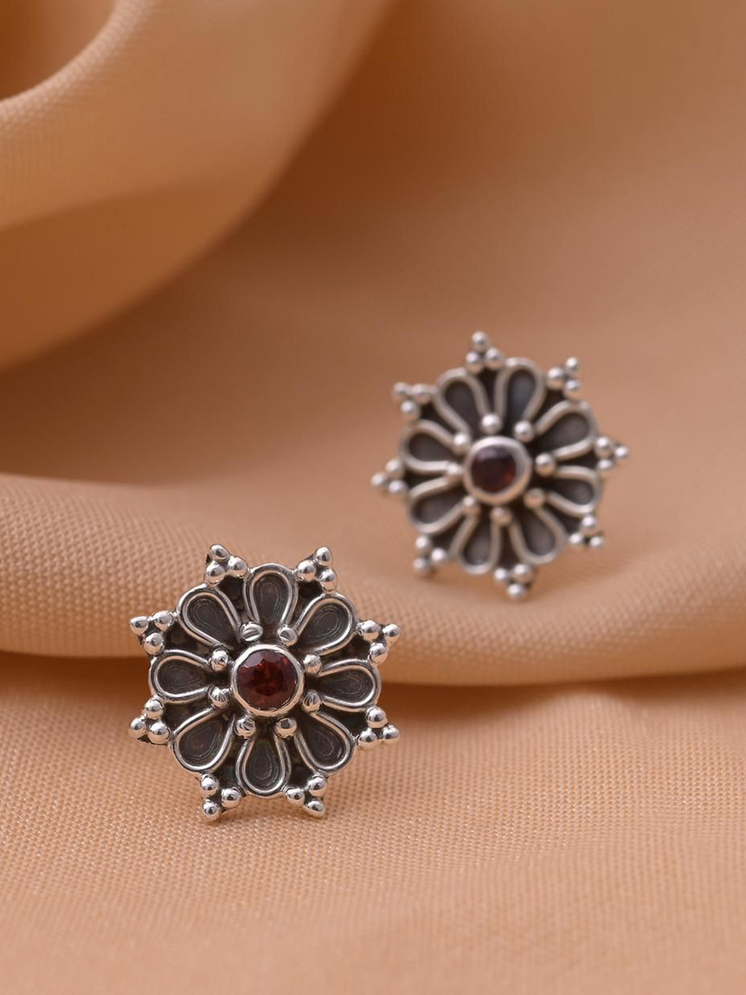 Ovana jewels 925 Sterling Silver Faux Ruby Studded Oxidised Circular Studs