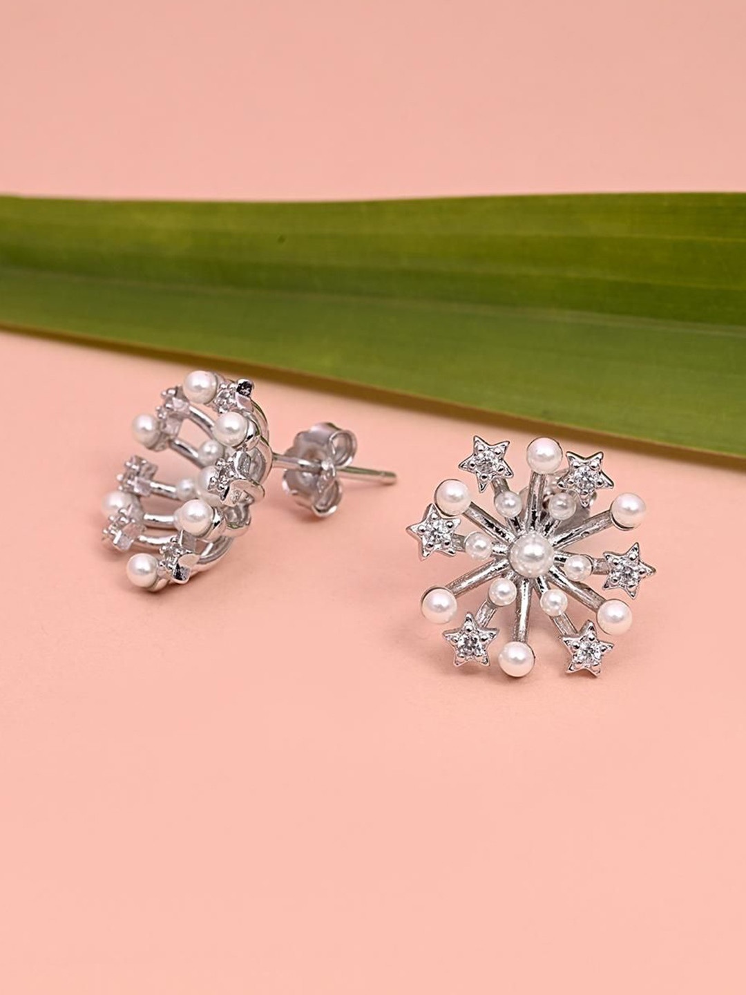 Ovana jewels 925 Sterling Silver Rhodium-Plated Cubic Zirconia Strudded Floral Studs