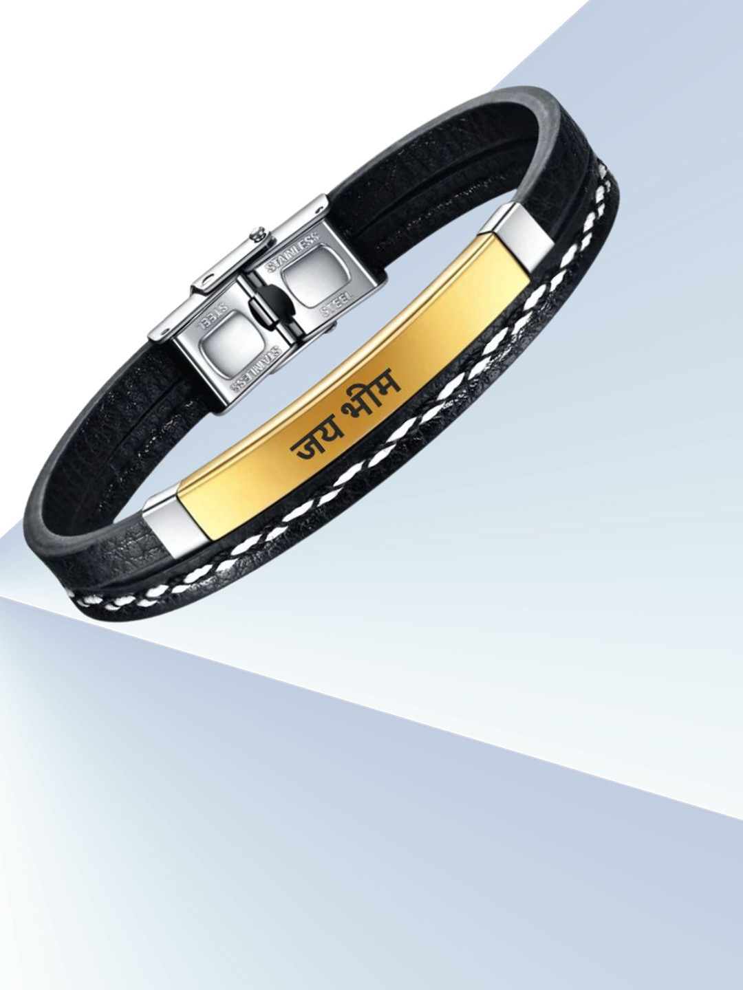 M Men Style Men Gold-Plated Religious Jay Bhim Leather Wraparound Bracelet