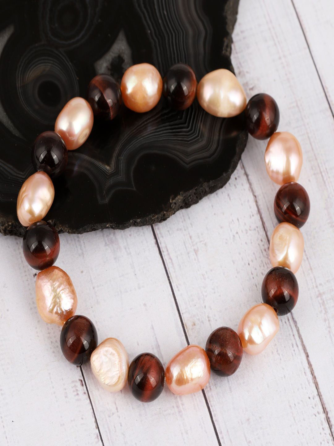 Nirvana Unisex Pearls and Tiger's Eye Beaded Elasticated Bracelet