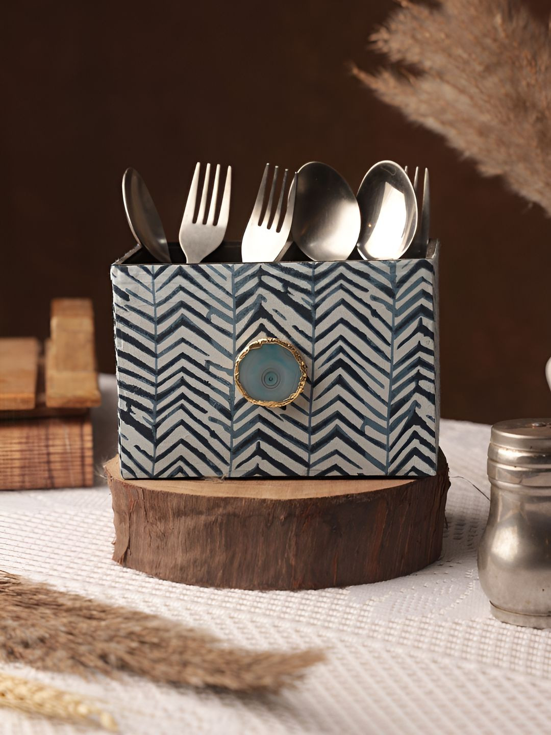 LOOMSARTE Zebra Printed Blue & White Fabric Cutlery Holder