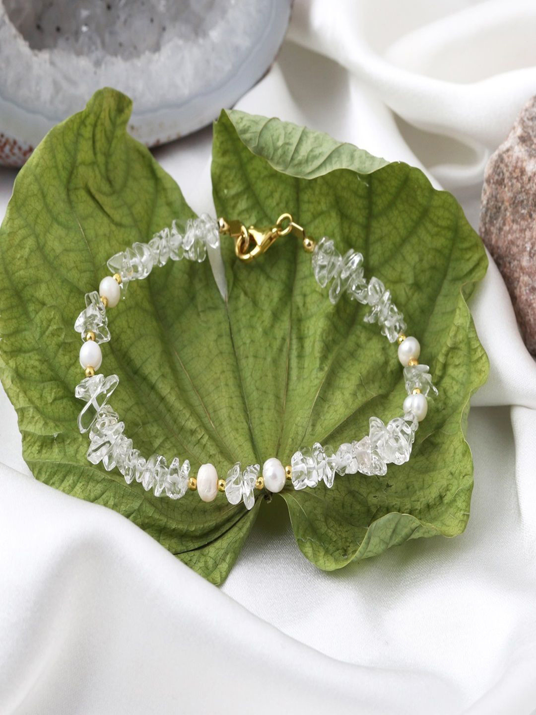 Nirvana Unisex Sterling Silver Gold-Plated Quartz and Pearls Beaded Wraparound Bracelet
