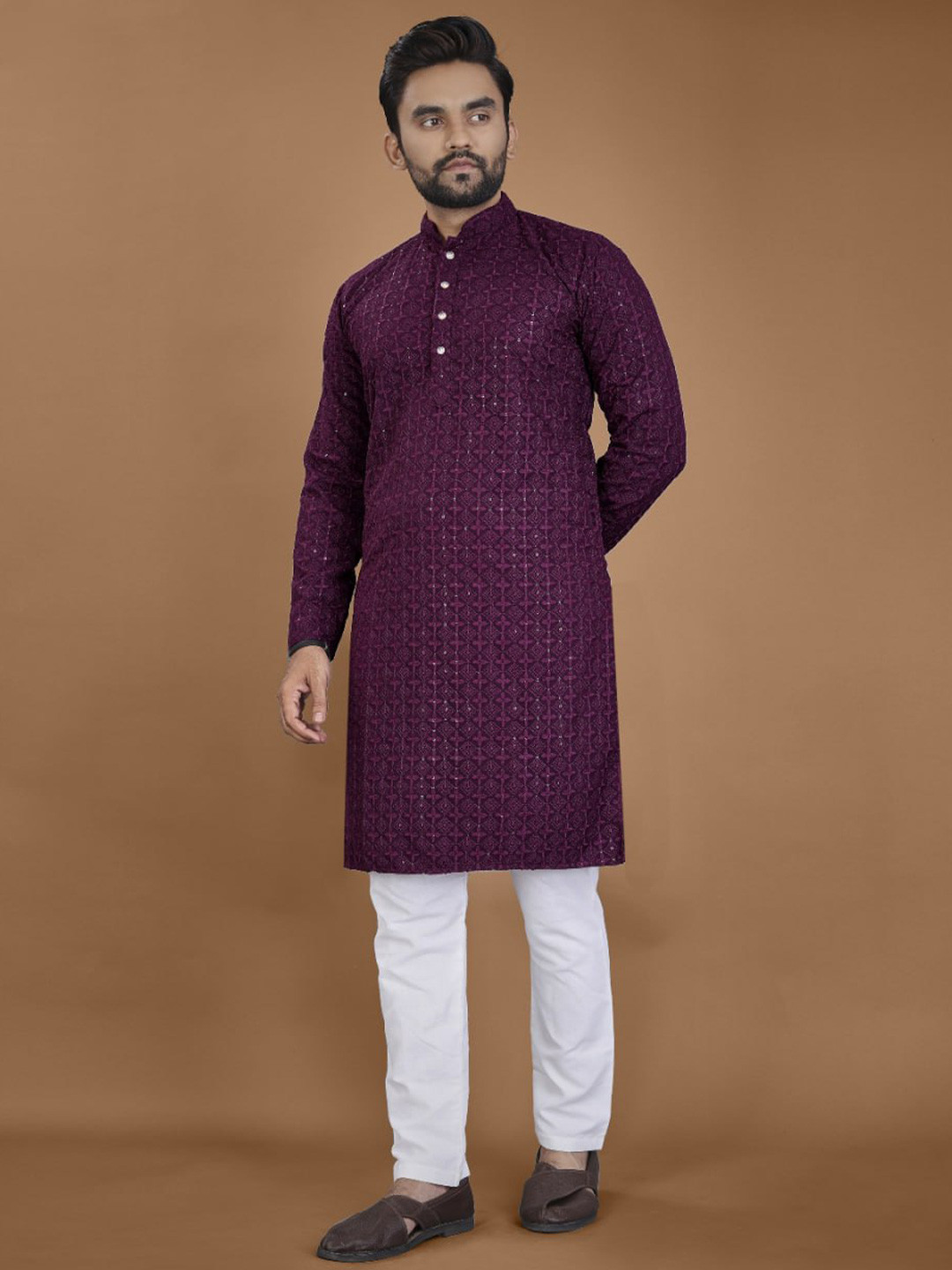 PulseIQ Ethnic Motifs Embroidered Chikankari Mandarin Collar Sequinned Straight Kurta
