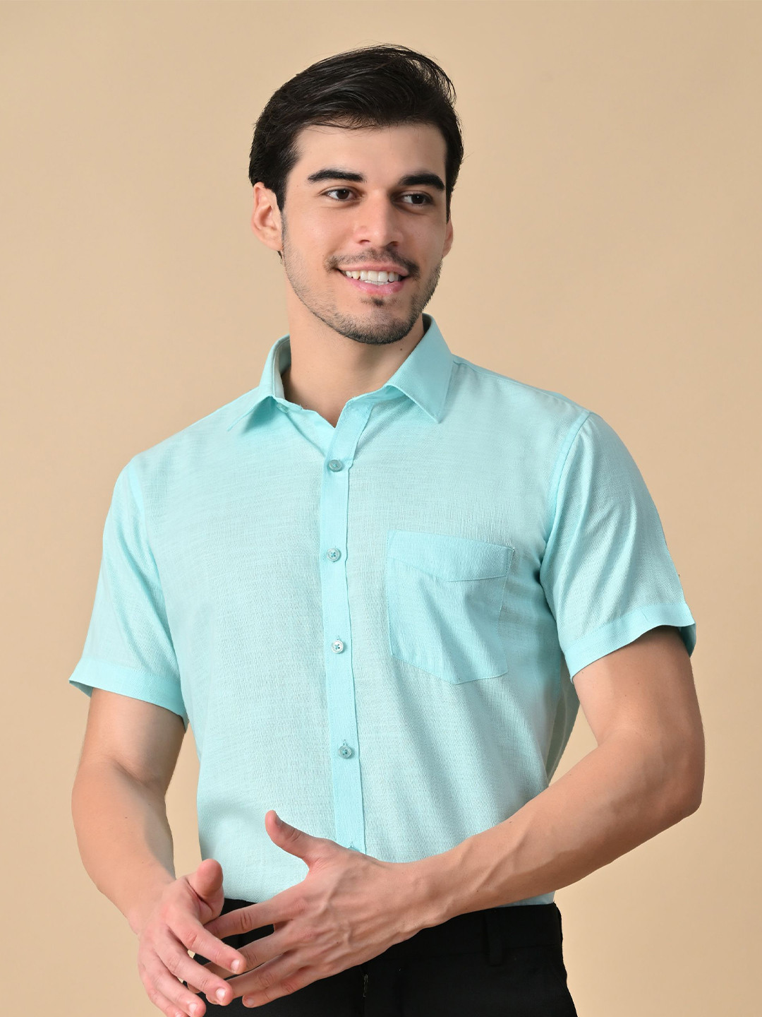 DESIGN UP Men Solid Slim Fit Linen Short Sleeve Spread Collar Opaque Casual Shirt