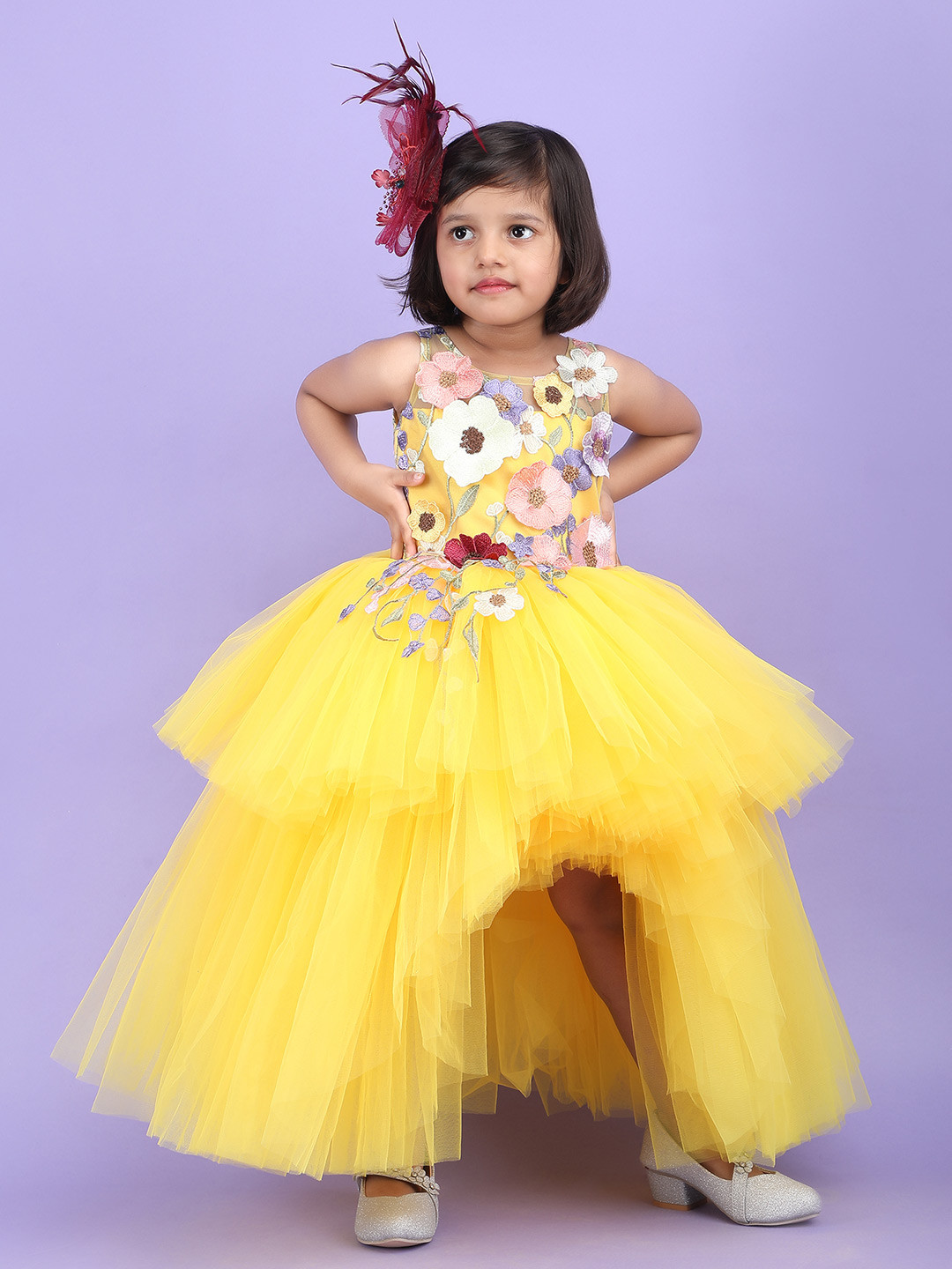 Modish Floral Net Fit & Flare Applique Maxi Dress