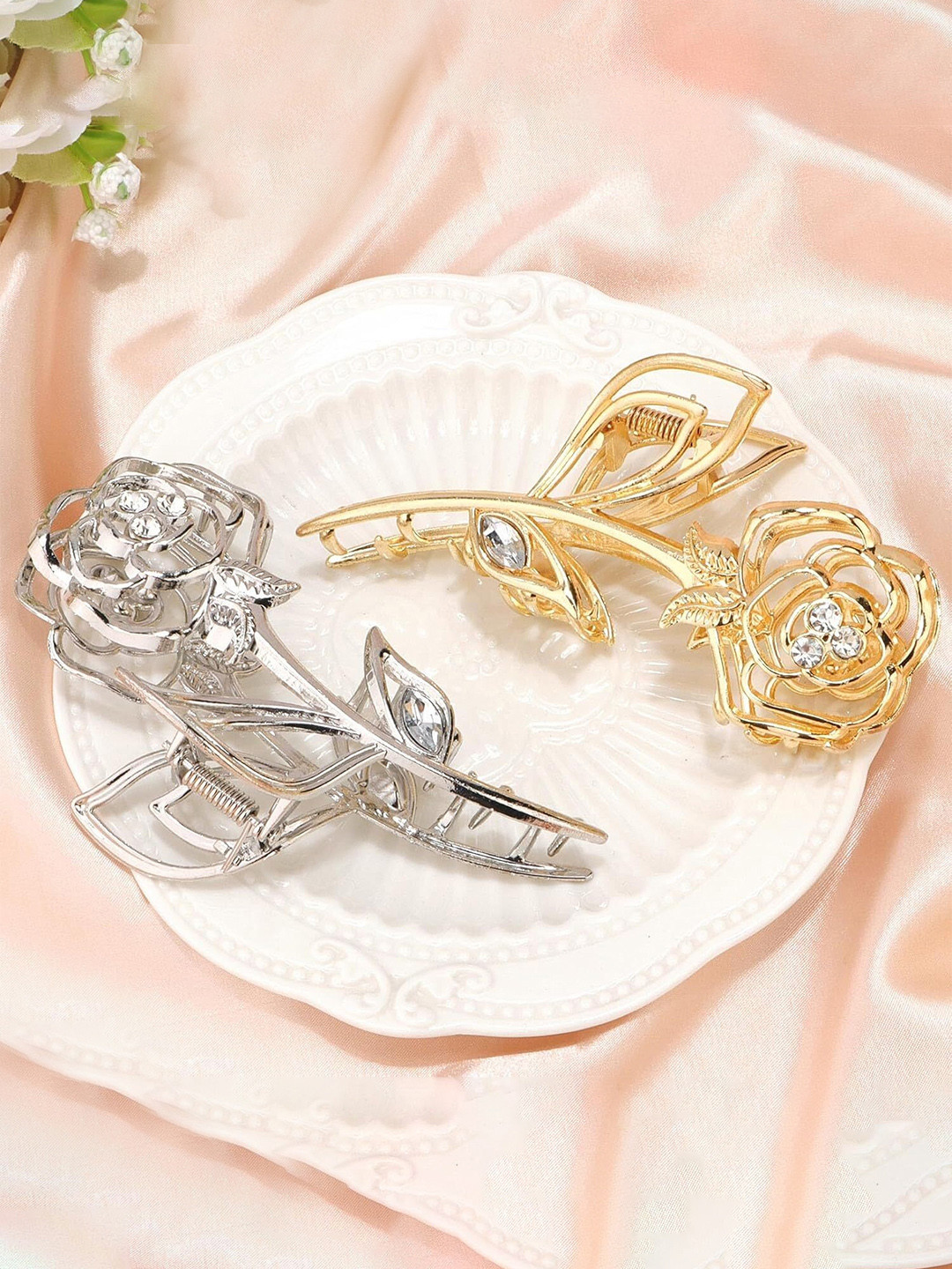 Blubby Set of 2 Flower Design Metal Hair Clutcher Claw Clip