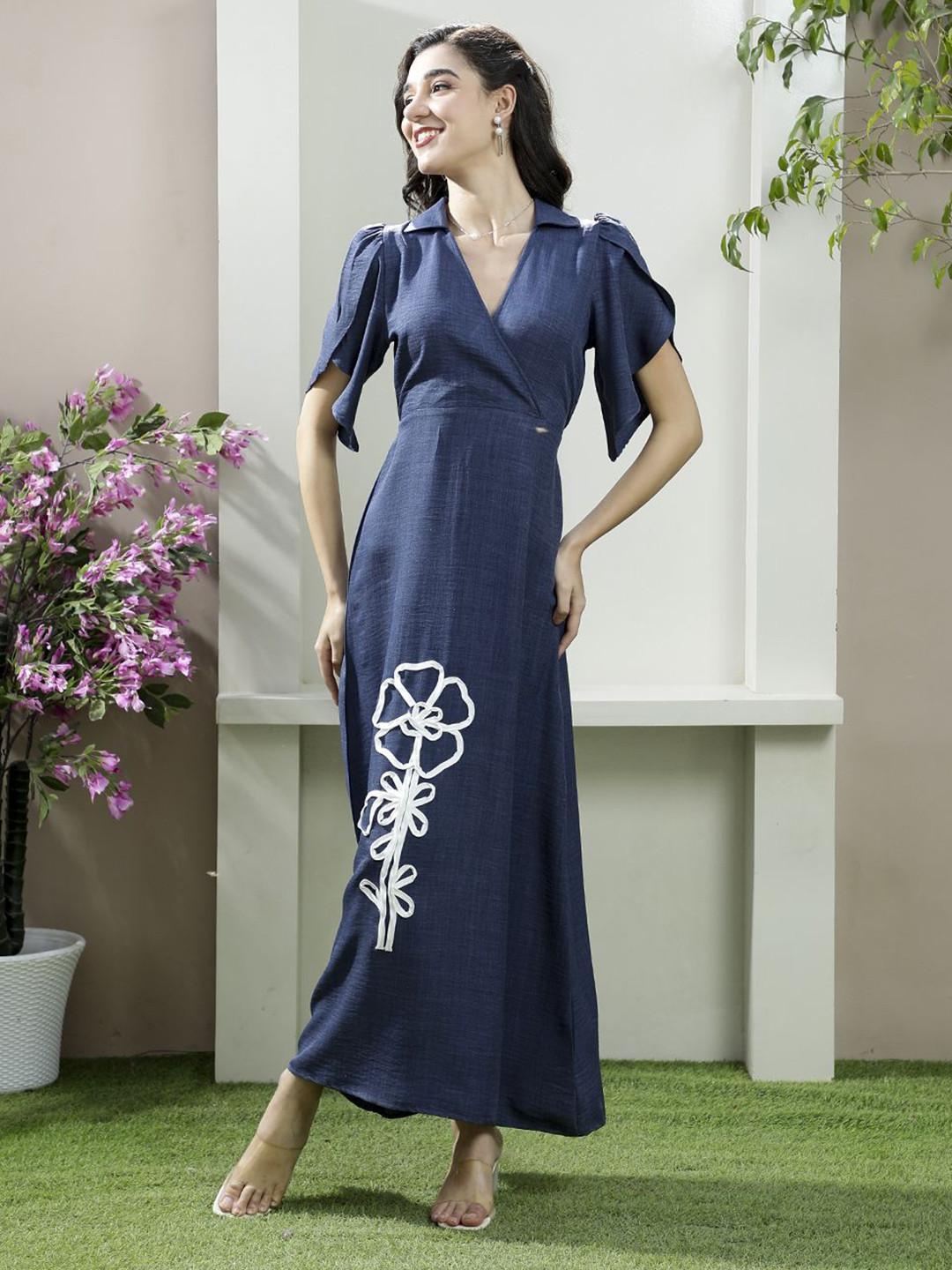 Boho By Athena Women Applique Batwing Sleeve Linen Maxi Dress