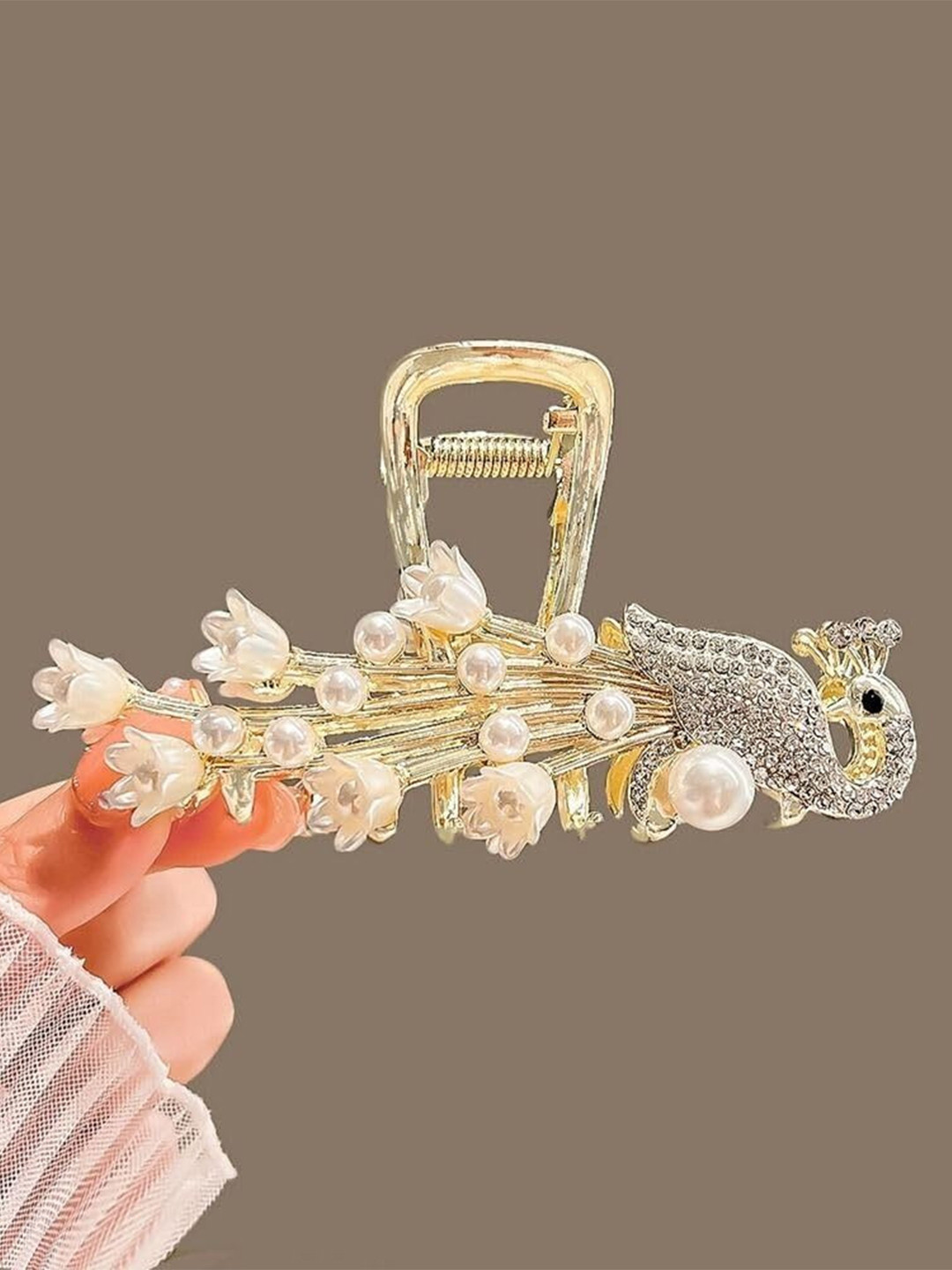 Blubby Peacock Shaped Pearl Studded Claw Clip