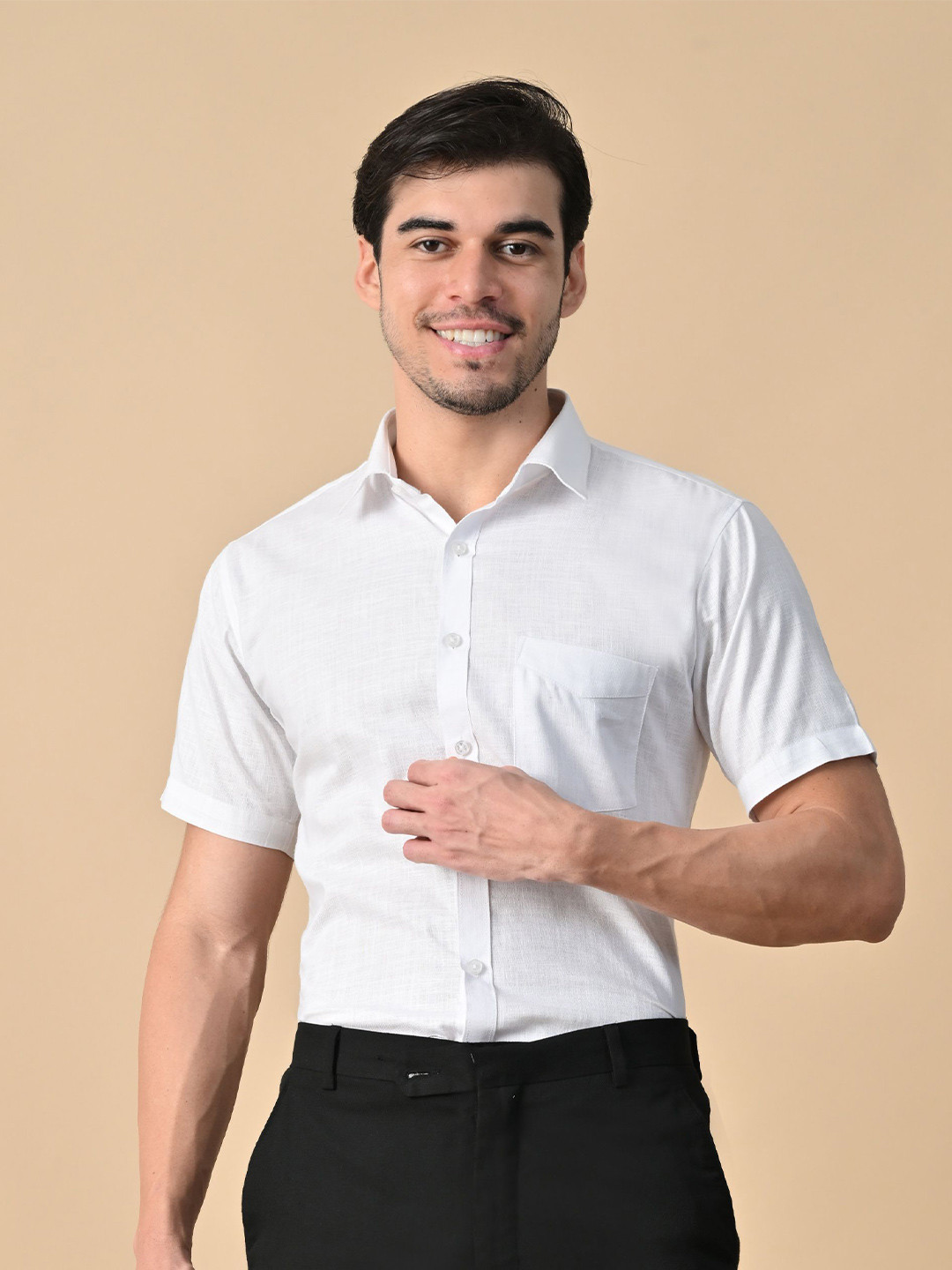 DESIGN UP Men Solid Slim Fit Pure Linen Short Sleeve Smart Collar Opaque Shirt
