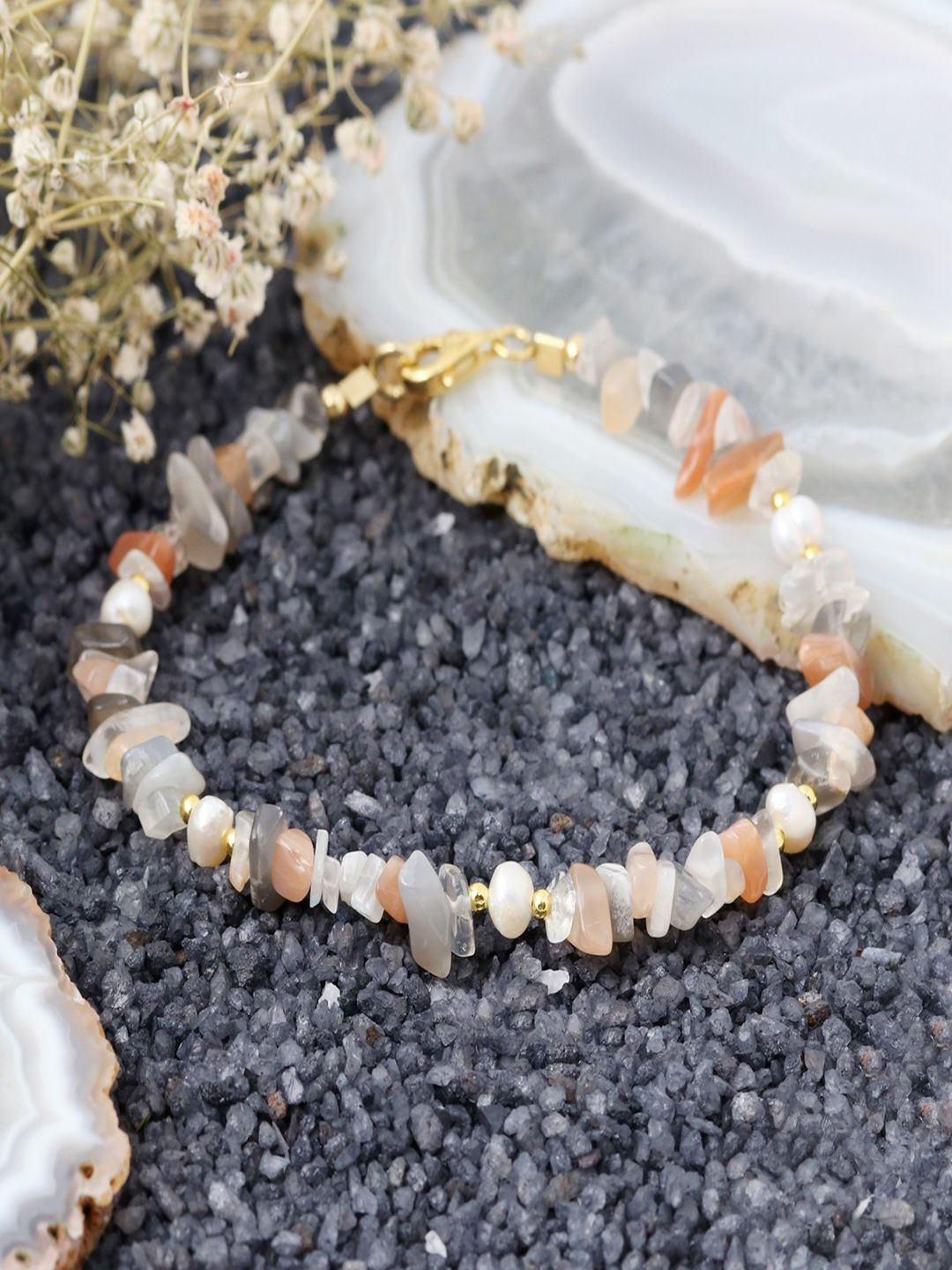 Nirvana Unisex Sterling Silver Gold-Plated Moonstone and Pearls Beaded Wraparound Bracelet