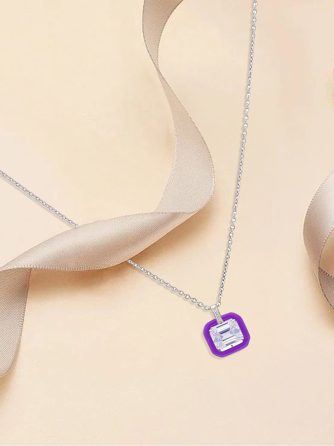 TVISVA JEWELS 925 Sterling Silver Rhodium-Plated CZ Square-Shped Pendant With Chain